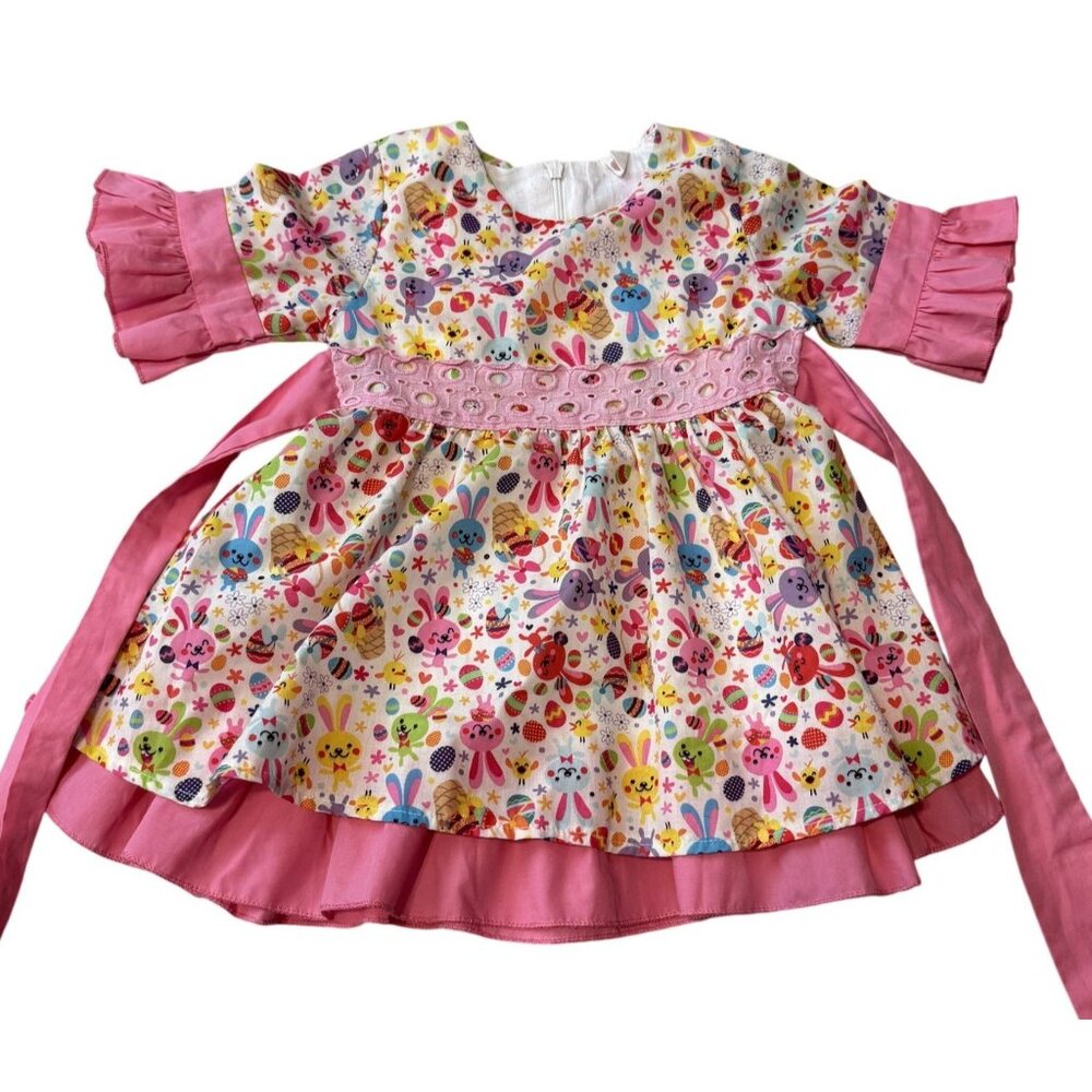 Baby Girls Floral Easter Bunny Dress Ruffled Sleeves Back Bow Ties 80cm 12-18M